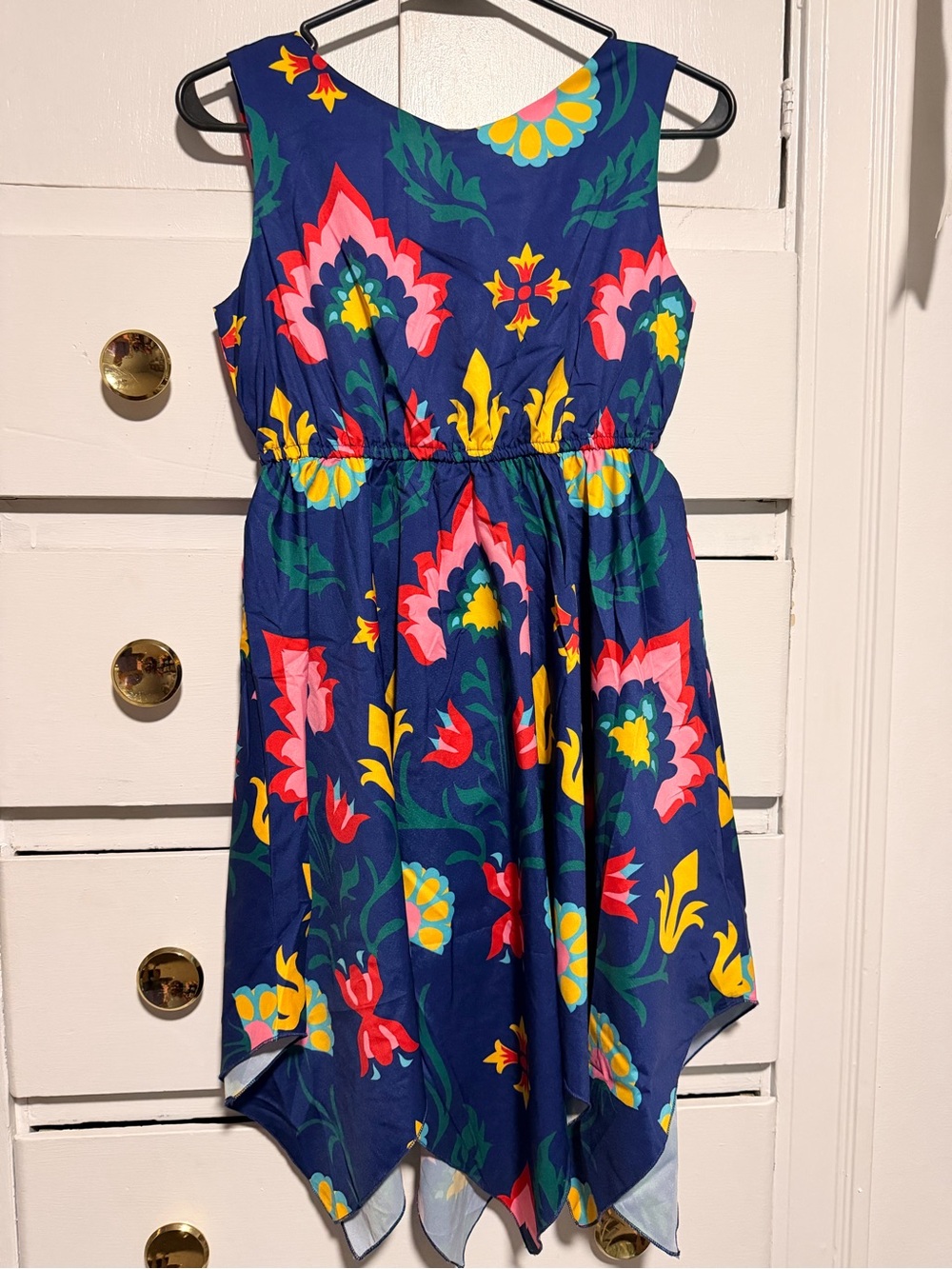 Girls Navy Floral Handkerchief Hem Dress with Bright Floral Print size 12